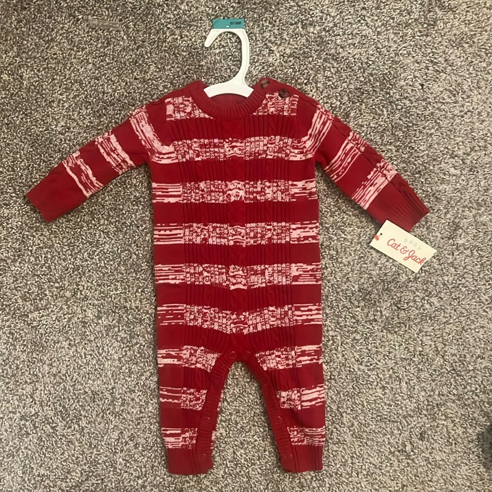 BRAND NEW Cat & Jack Red and White Cable Sweater Snap Onesie Size 0-3M